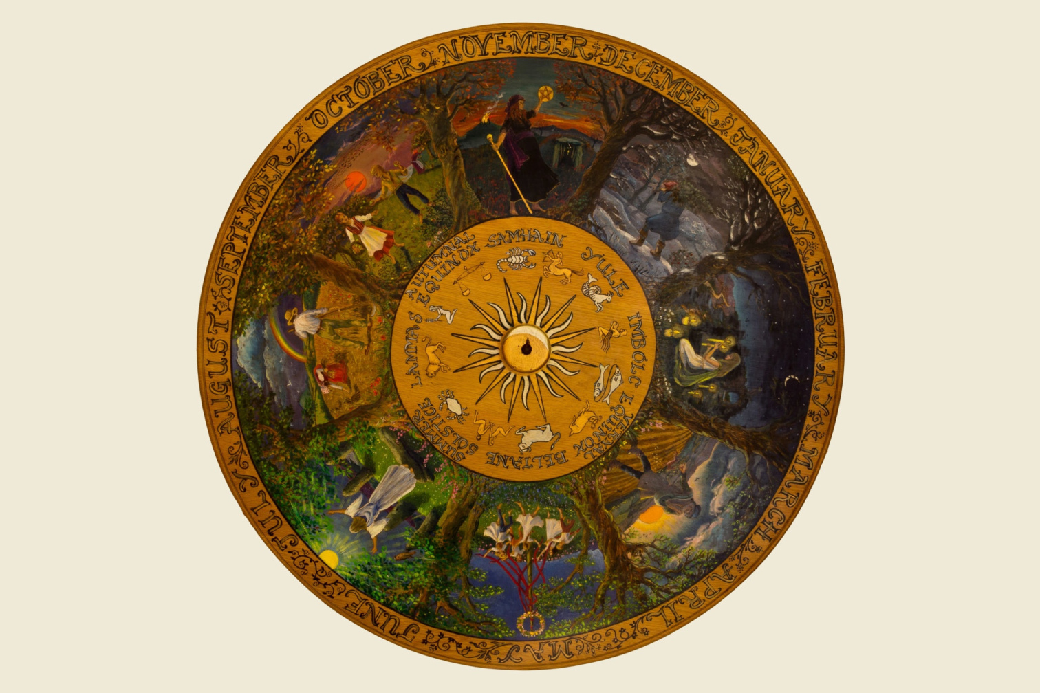 Physical description: Wheel of the Year - a large wooden disc painted with scenes representing the various festivals of the year. Painted by Vivienne Shanley on disc made by Mark Highland. from the Museum of Witchcraft